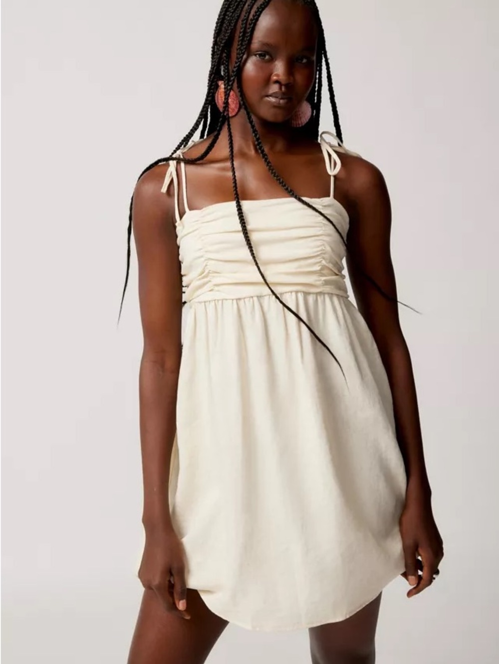 Urban Outfitters Cream Ruched Bodice Tie-Shoulder Mini Dress